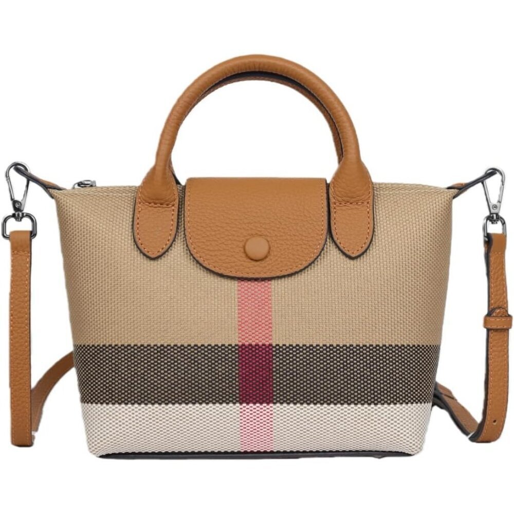 women Amber Caramel Vintage Leather Shoulder Bag  Canvas Top Handle